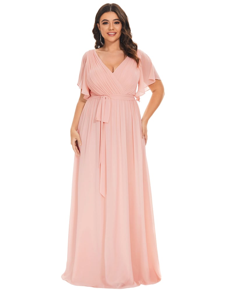 Front of a model wearing a size 24 A-Line Pleated Chiffon Tie-Waist Evening Dress in Pink by Ever-Pretty. | dia_product_style_image_id:301689